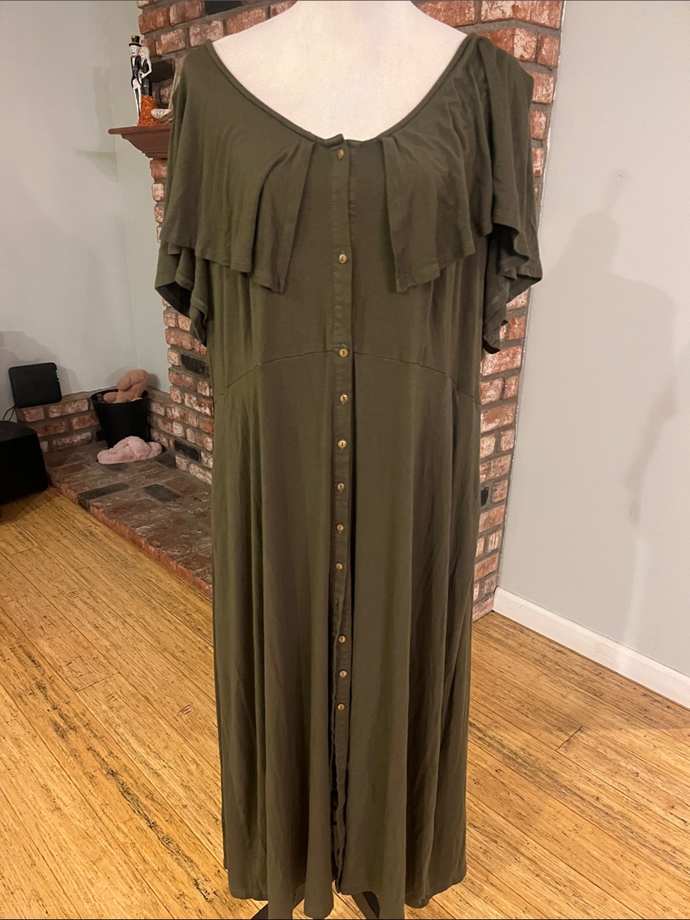 Roaman's Olive Green Button-Front Maxi Dress with Ruffle Yoke